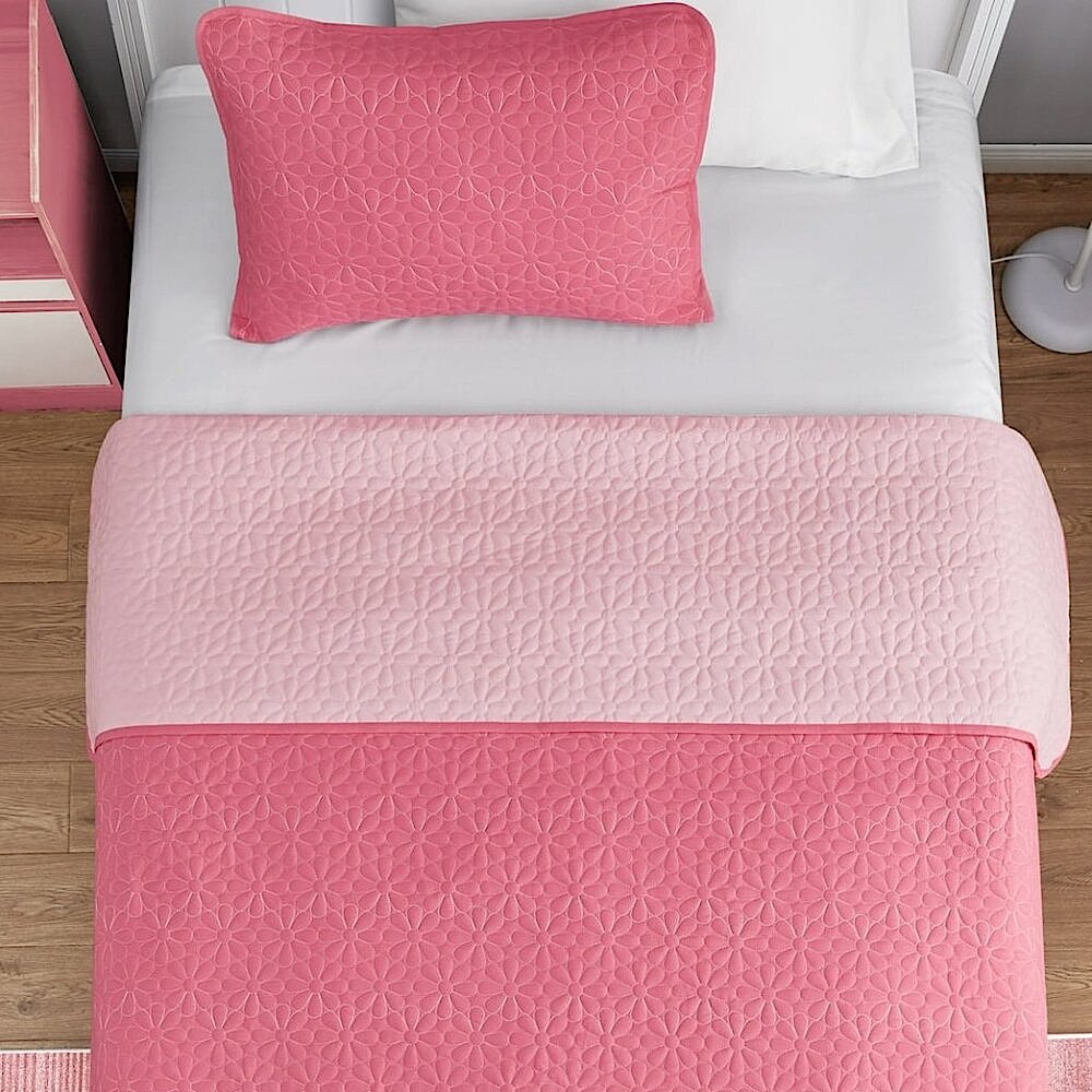 Your Zone Twin Quilt Set Reversible Pink White Embroidered Daisy 2 Piece NWT